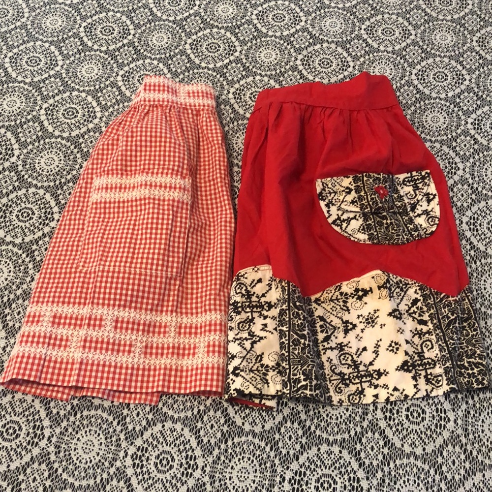 Lot Bundle of 2 Vintage Handmade Red Aprons Pockets